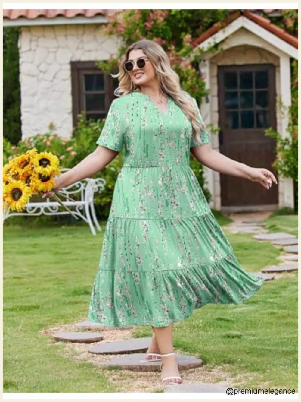 Plus Size Midi Dress V-Neck Short Sleeve A-Line Tiered with Pockets